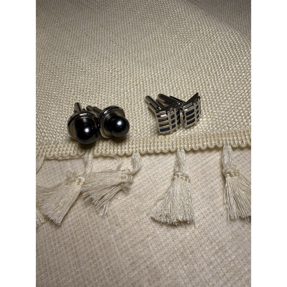 2-Piece‎ Cufflink Set – Black Faux Pearl & Blue Grid Design – Gift Box Ready